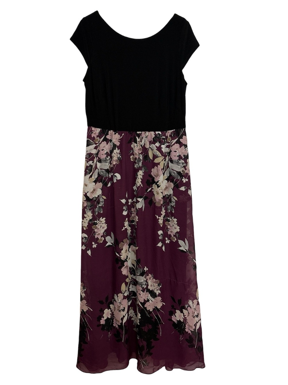SLNY Size 14 Black Burgundy Floral Chiffon Maxi Dress with call outs - Picture 2 of 7